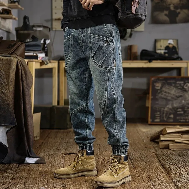 

Осень и весна, новый модный тренд, американские винтажные джинсы с манжетами для мужчин, повседневные свободные спортивные джинсовые брюки высокого качества M-3XL