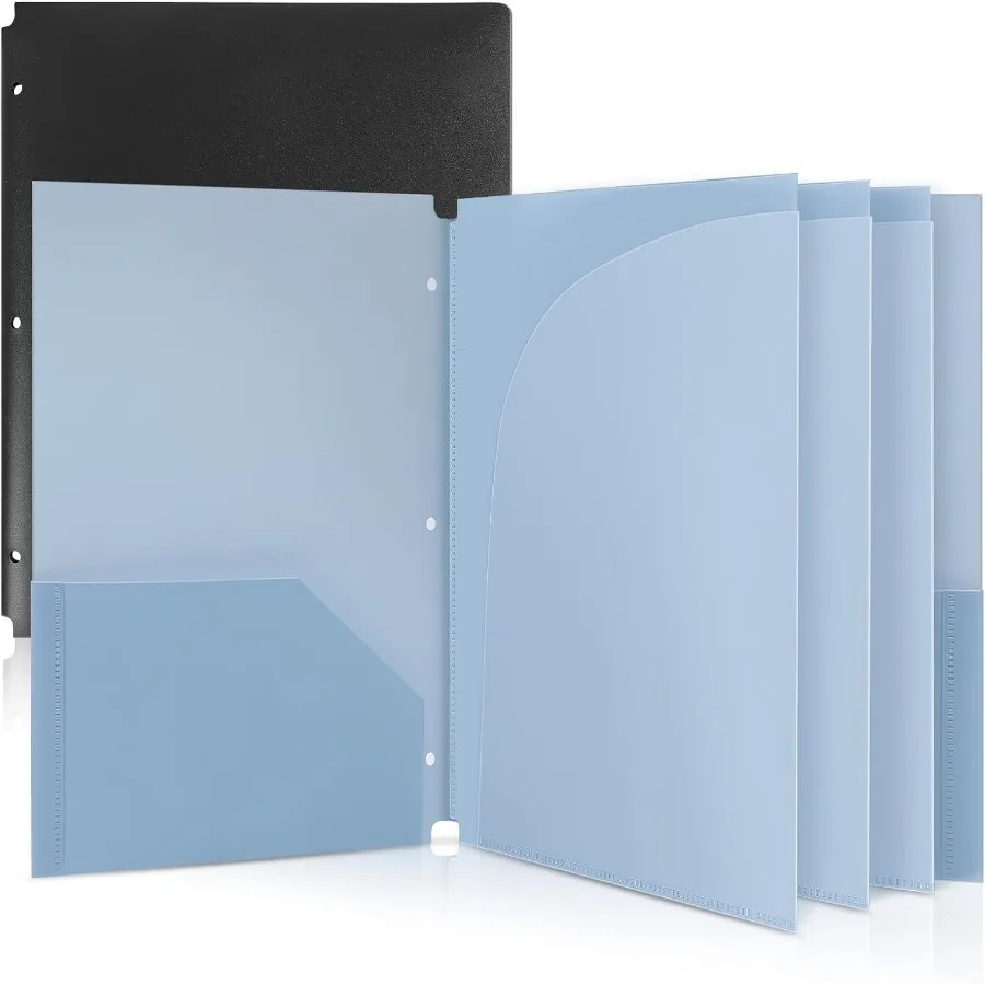 Plastic Pot Folders 2 Pots and 3 Dividers Letter Size Fits 3Ring Binders School Folders for Students and Office Use Black and H