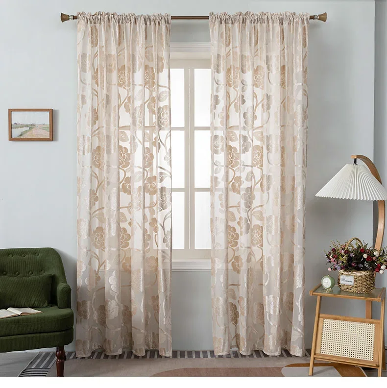 Jacquard Relief American Countryside Flowers Semi Opaque Gauze Translucent Fabric Curtains for Living Dining Room Bedroom