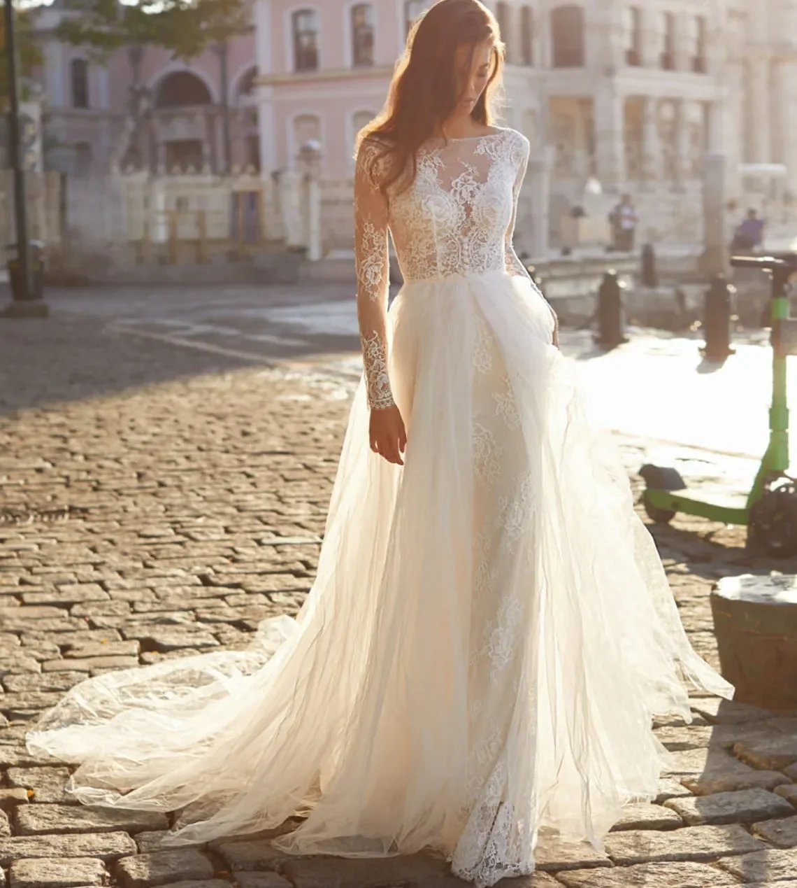 Sexy Unique Bohemian Mermaid Wedding Dress with Detachable Train Sheer O Neck Long Sleeve Open Back Bridal Gowns Custom Made