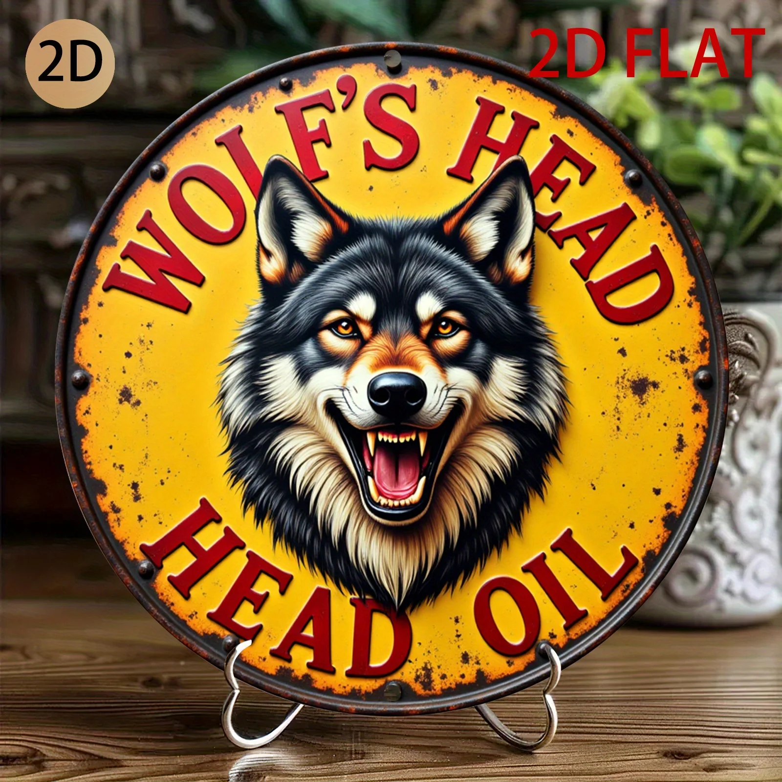 2D Plane Circular Wolf Head Oil   Tin Metal Sign Rustic Wall Art Suitable for Home Garage or Diner, 2D Flat, Perfect for Room De