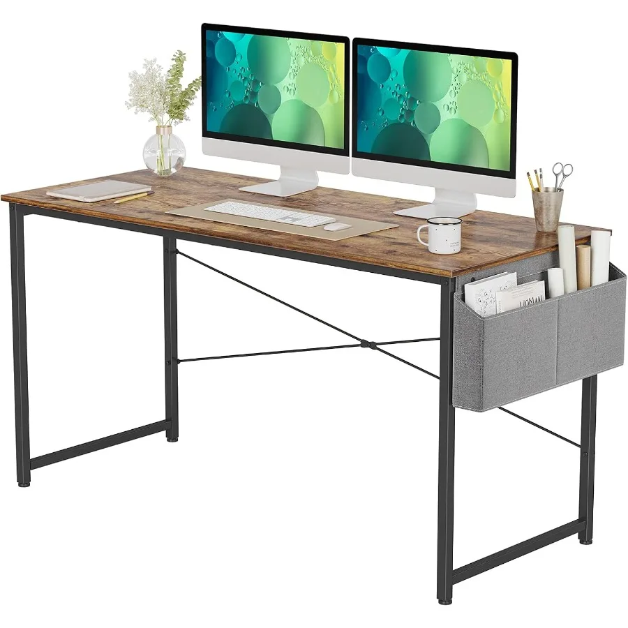 مكتب كمبيوتر حديث وبسيط مقاس 55 بوصة للكتابة والدراسة في المكاتب المنزلية مع حقيبة تخزين متكاملة لون بني مثالي f #1