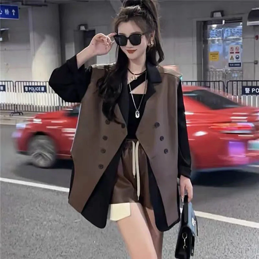 Women Shorts Sets Outfits 2024 Spring Autumn Three Piece Set Vest Jacket +Long Sleeve Shirt + Black Suit Shorts Women's 3pc Suit