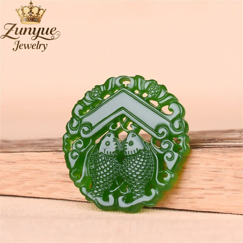Natural HeTian Jasper Spinach Green Double-Sided Hollowed-Out Double-Fish Jade Pendant Retro Ethnic Style Couple Fashion Jewelry