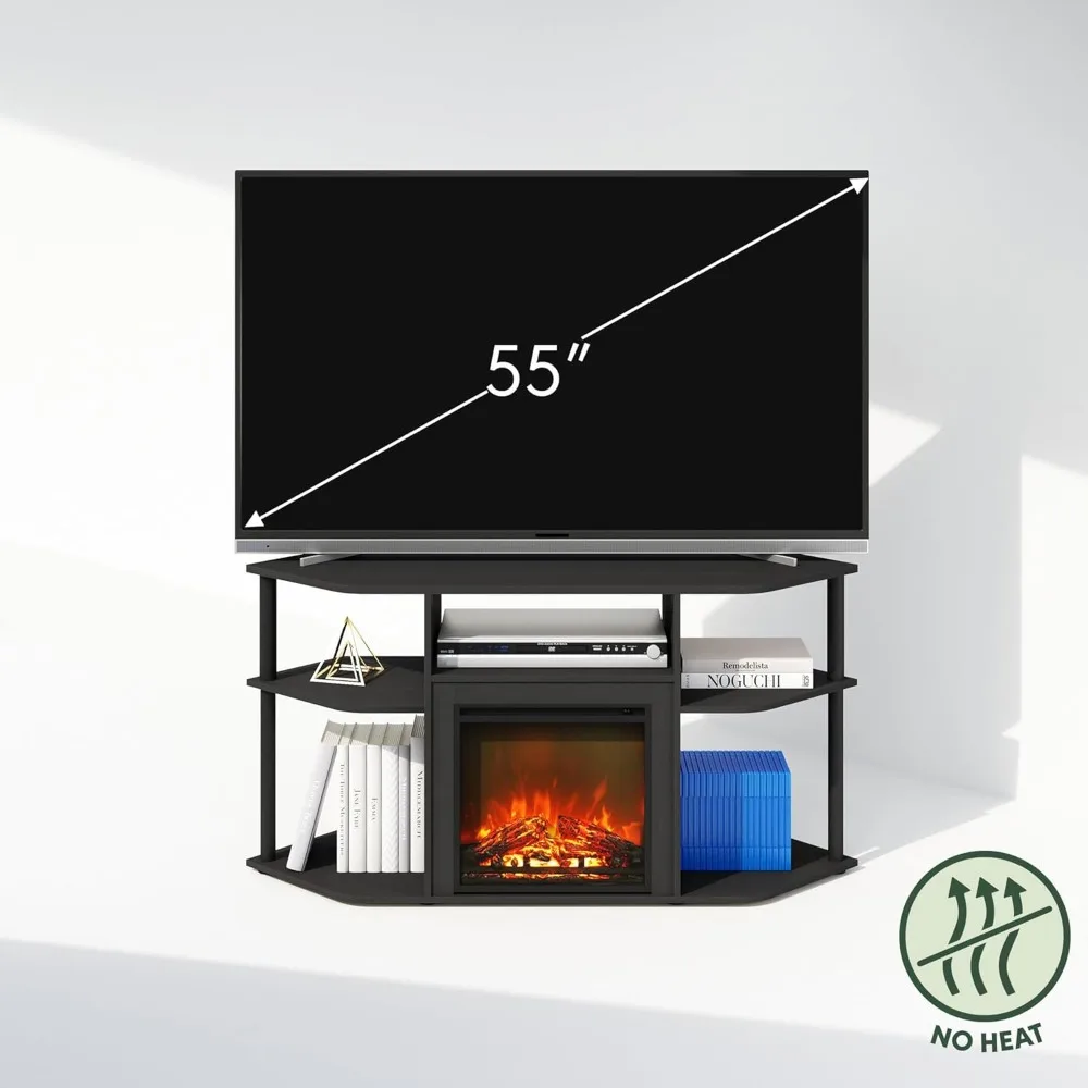 Soporte de TV esquinero con chimenea eléctrica decorativa y almacenamiento abierto, centro de entretenimiento para televisores, postes de plástico incluidos