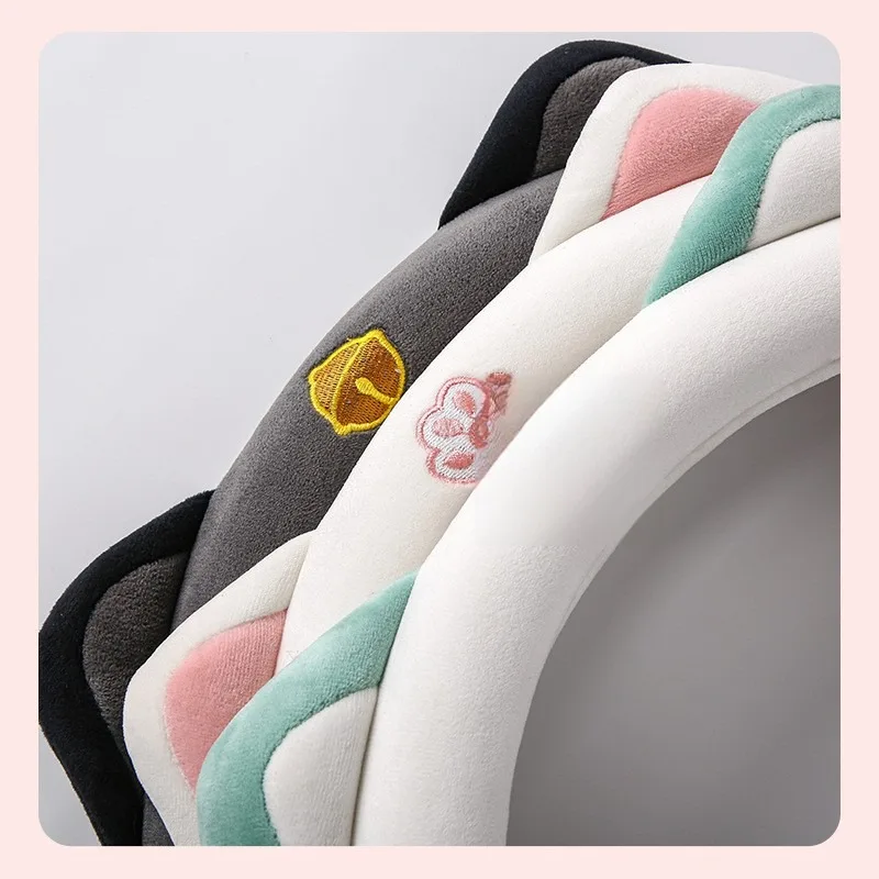 Cute Cat Ear Plush Steering Wheel Cover Winter Warm Soft Fur Auto Accessory For 36-38cm Round D-Shape Wheel