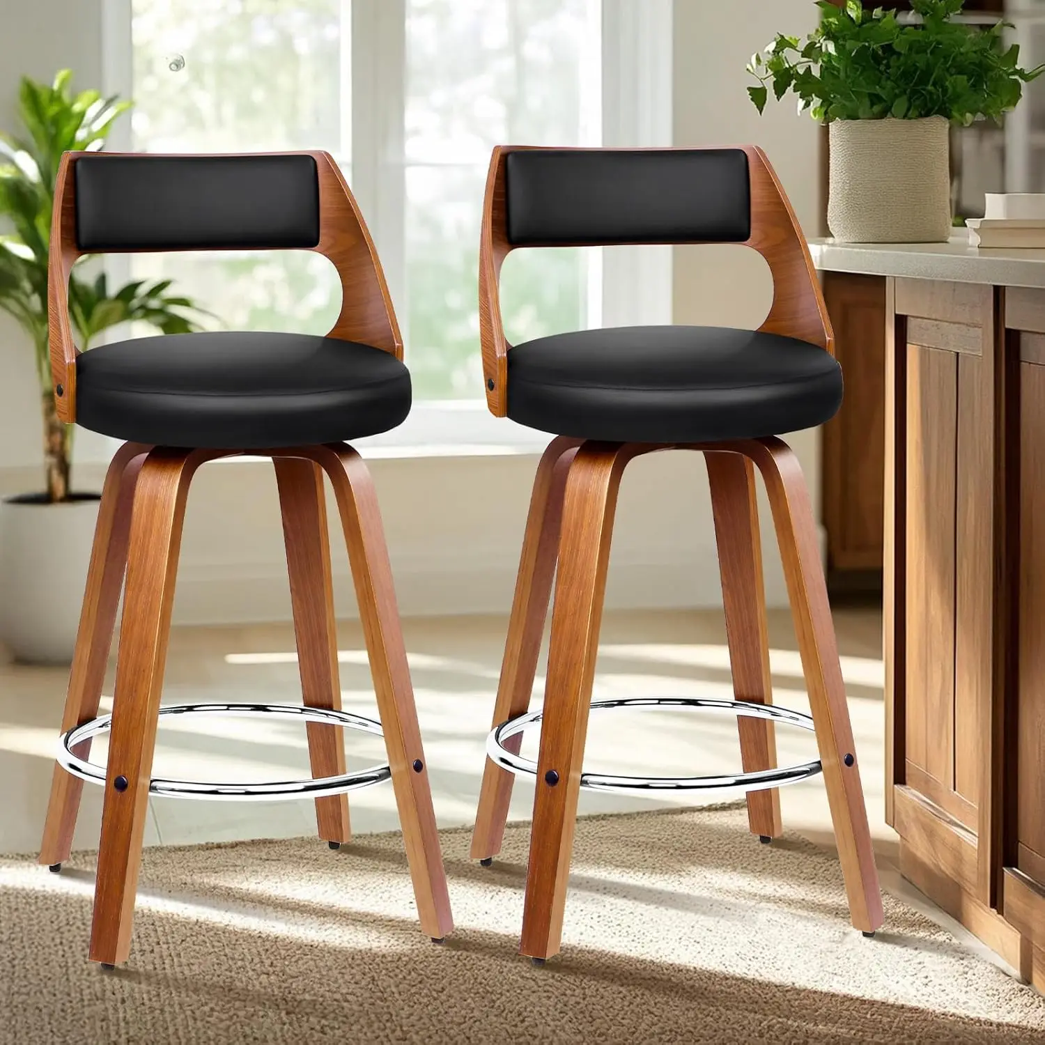 

Counter Height Bar Stools Set of 2, 26" Swivel PU Leather Upholstered Barstools with Curved Bentwood Back & Legs, Mid-Century