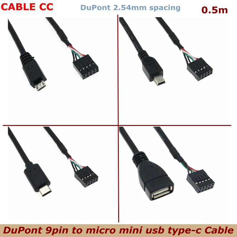 0.5m Micro USB Mini USB Type-C male to 2.54mm DuPont 9-pin Female Connector Computer Motherboard 9Pin Connection Cable