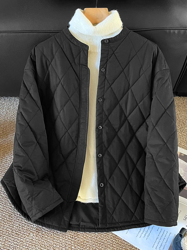 Lightweight Casual Cotton Jacket Women's Winter Small Size Slimming Short Outerwear Diamond Pattern Stand Collar Button Detail