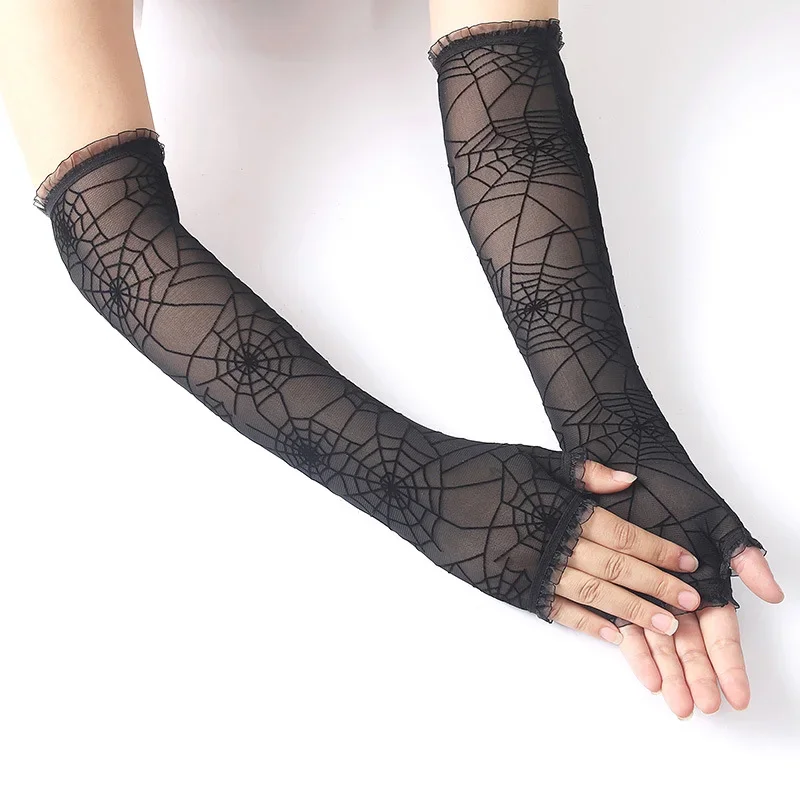 

Black Creativity Women Spider Web Pattern Gloves Sexy Mesh Gloves Driving Punk Goth Dance Fingerless Long Mittens Halloween