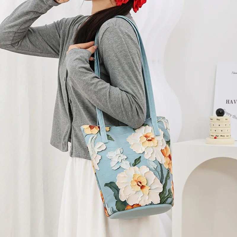 

Oil Painting Flowers All-match Women Elegant Canvas Bags 2025 New Design Fashion Shoulder Bags Niche Casual Bag