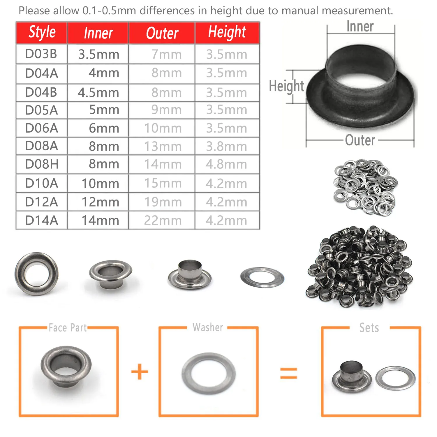 100 Sets Black Metal Eyelets Grommet 3.5mm-14mm Scrapbooking Eyelets for Sewing Clothes Canvas Parasol Boot Belt Leather Craft