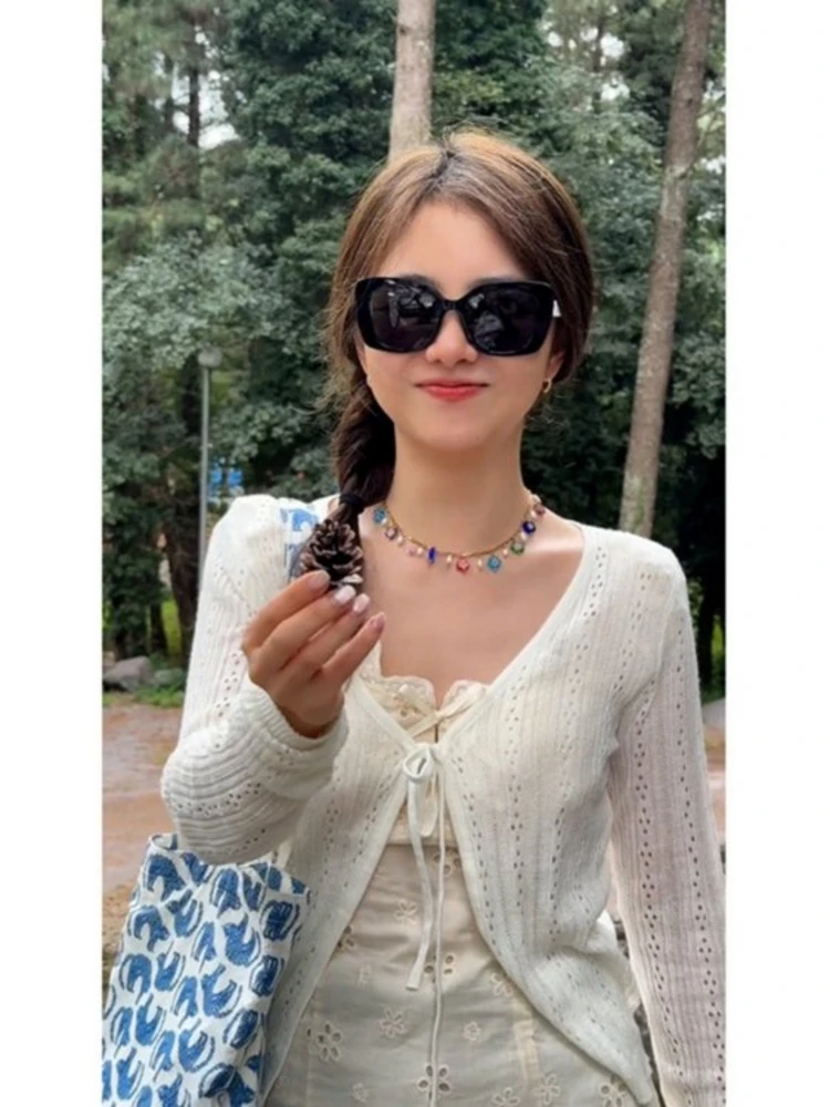 

Fashionable New Style Women's Knitted Open Cardigan Hollow out Belted Sun Protection Thin Outerwear V-neck Long Sleeve Slim Fit