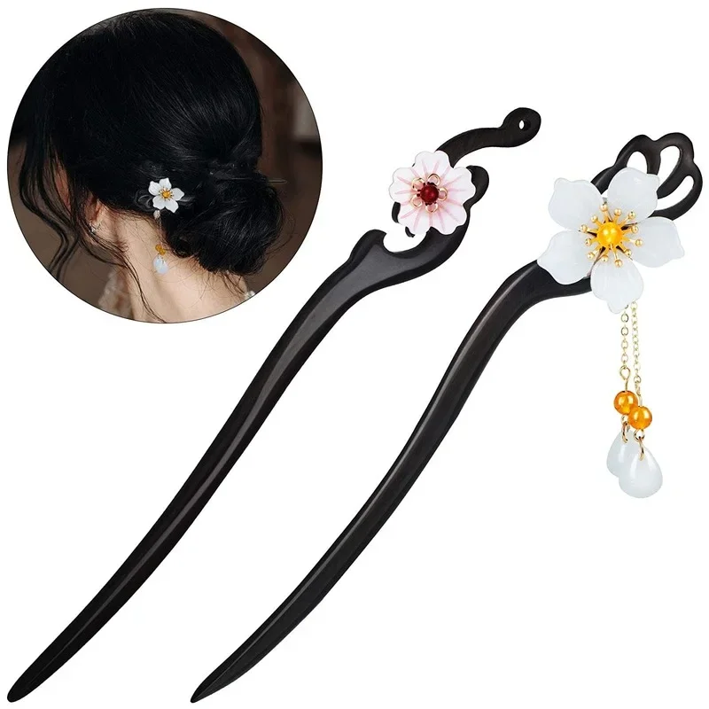 

Chinese style hair sticks flower wooden hair chopsticks retro Flower decor with tassel Wooden handmade hairpins hair accessories