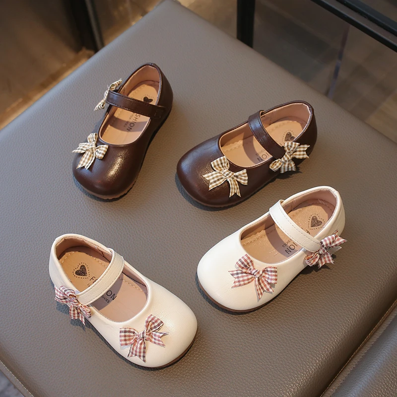 

Baby Girls Leather Shoes for Wedding Party Princess Kids Flat Mary Janes Lace Bowtie with Beading 2026 Spring Children Flats New