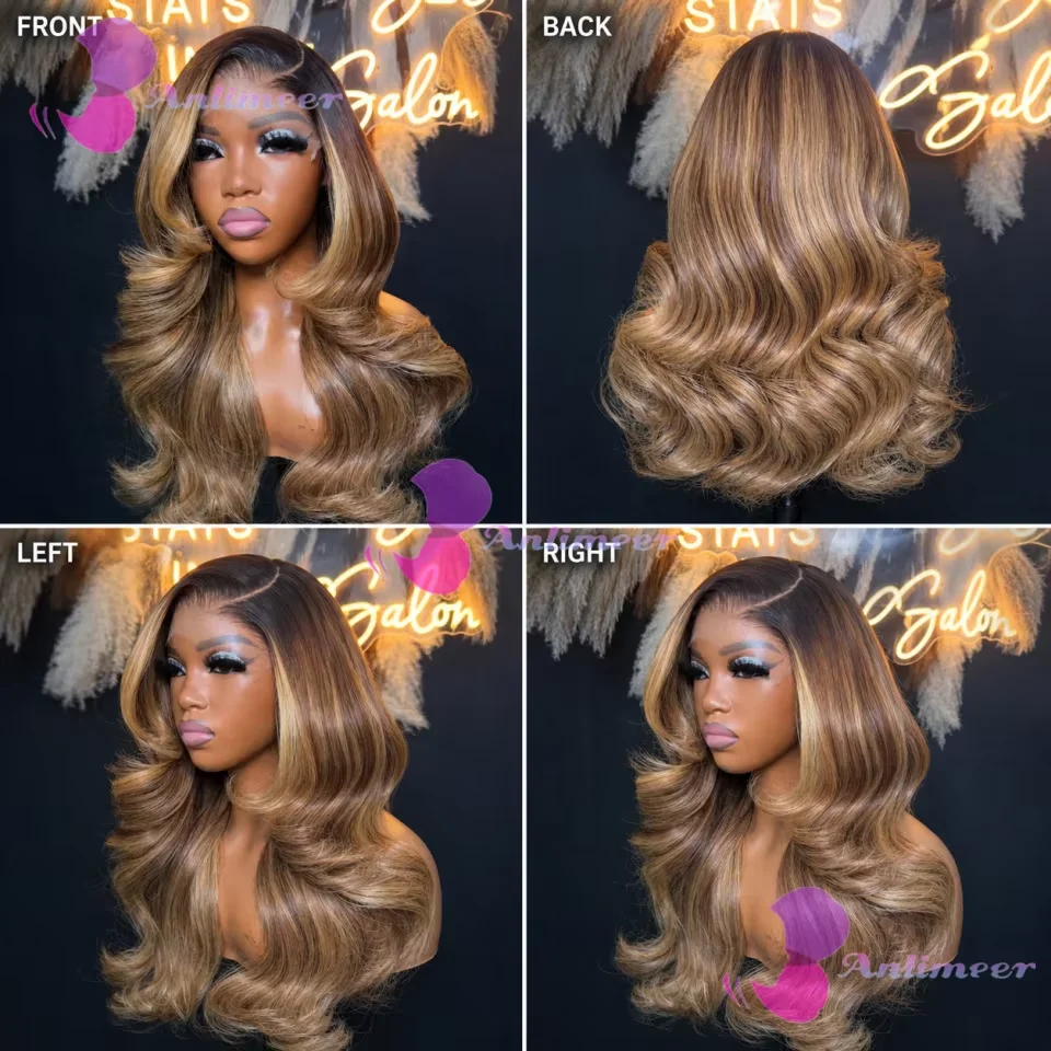 Left Side Part Human Hair Body Wavy 5x5 Silk Top Closure Wigs With Bleached Knots #4/27 Brown Blonde Highlight 13x6/360 Lace Wig