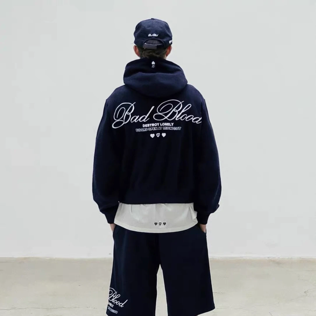 Korean Badblood Couples Casual All Match Zip-up Pullover with Initials Little Heart Embroidery Loose Fitting Sweatshirt Unisex