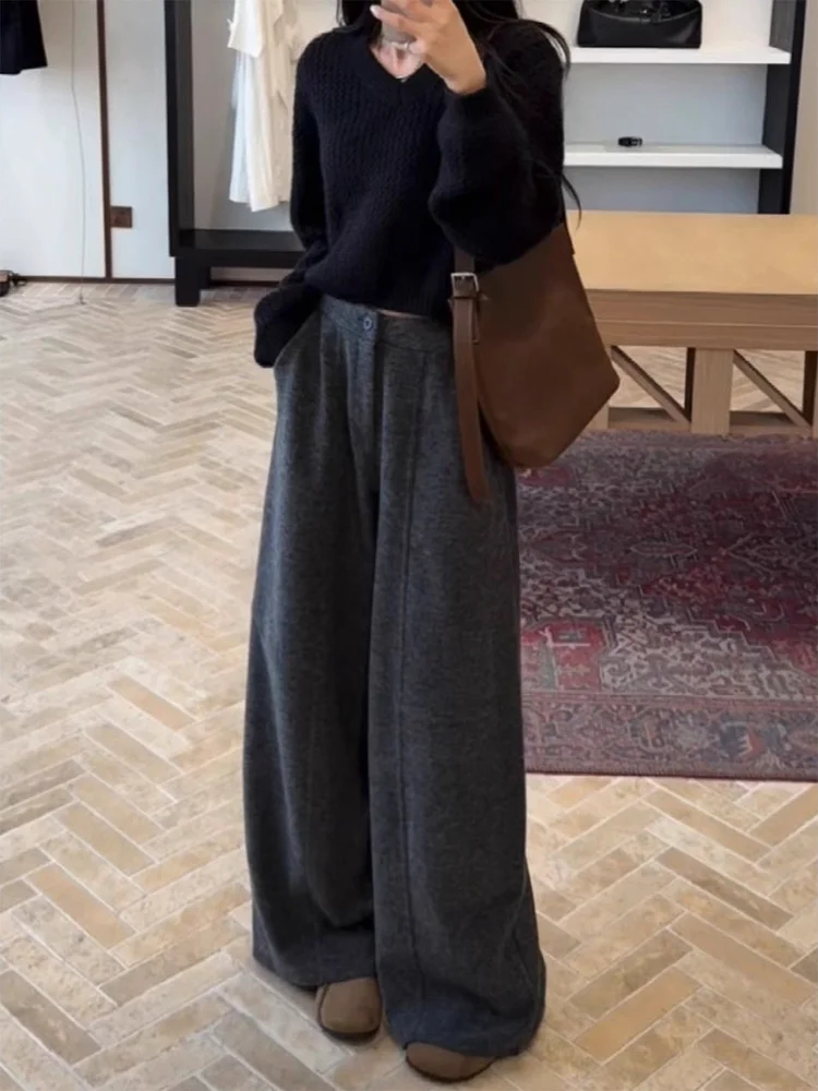 Pantalon taille haute à jambes larges pour femmes, doublé en Fce, coupe ample, coréen, pour les déplacements, coupe droite