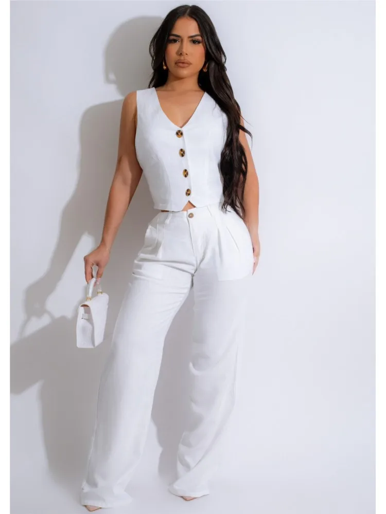 Fashion Sleeveless Vest Pants Women Solid Color Suit Spring Summer V Neck Ultra Short Top + Slim Pants Female Office 2 Piece Set