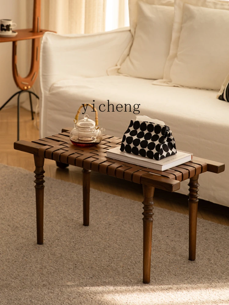 Zc Mid-Ancient Solid Wood Bench Imported Cowhide Weave Vintage Living Room Entrance Shoe Changing Stool Dressing Stool