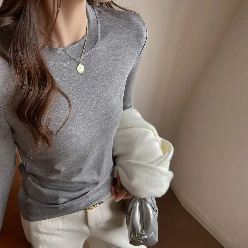 

Women's round Neck Long Sleeve under Shirt Inner Shoulder T-Shirt Simple Style Lace Shirt Casual Fashion for Ladies