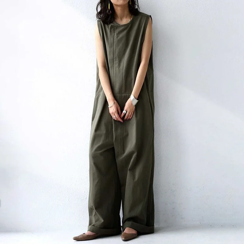 

2024 Summer New Solid Loose Casual Jump Suits for Women O-neck Sleeveless Overalls Japan Style Fashion Design Elegant Rompers