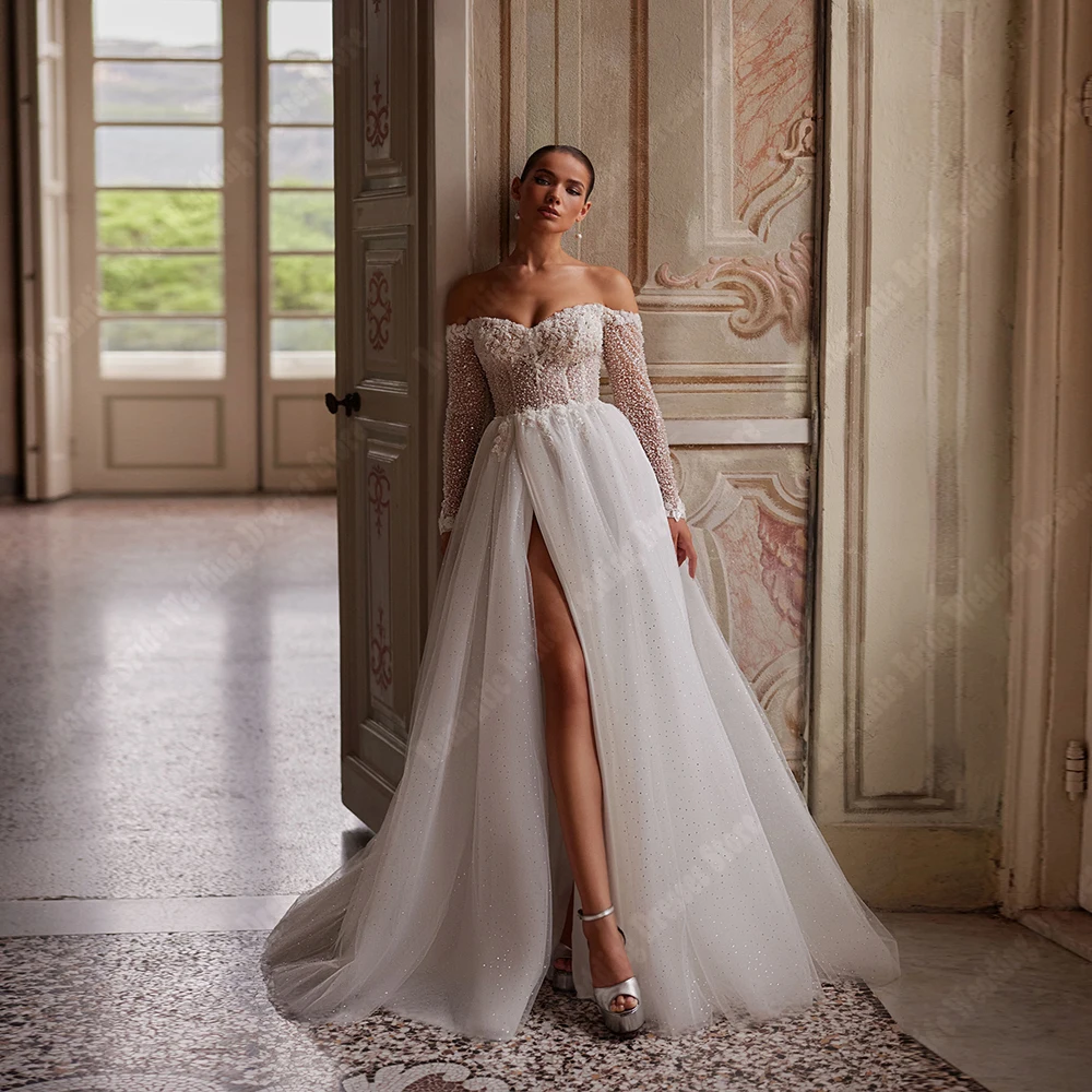 

Elegant A-Line Women Wedding Dresses Off The Shoulder Lace Printing Bride Gown Party Mopping Length Vestidos De Novia Customized