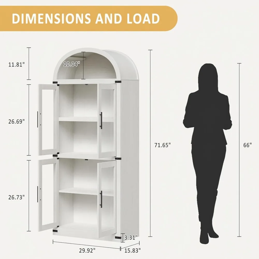 Estante arqueada moderna e resistente de 4 camadas com portas de vidro - armário alto de armazenamento de piso para exibição