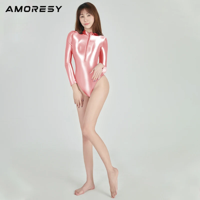 AMORESY Women Glossy Smooth One Piece Long-Sleeved Swimwear Beach Solid Spandex Bodysuit Surfing Front Zipper Swimsuits Leotards