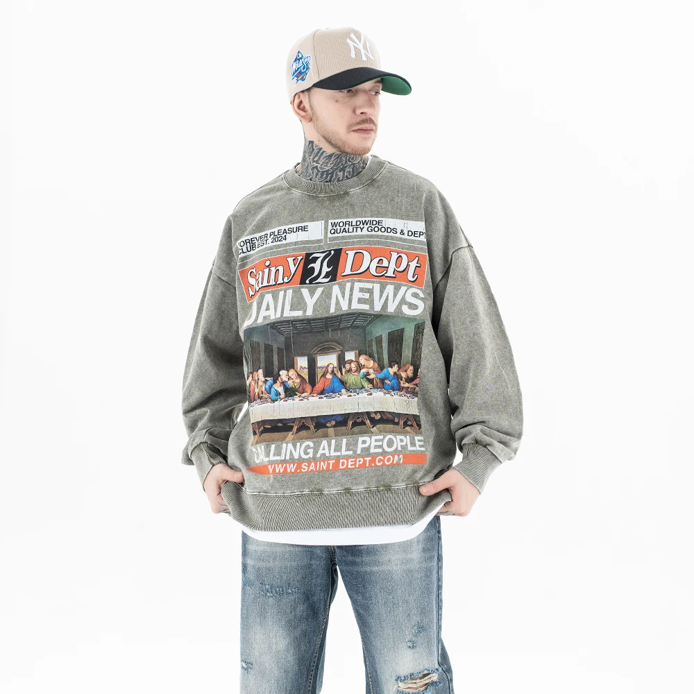 Felpa con stampa grafica The Last Supper dal design originale Superway da uomo oversize 400GSM streetwear pullover larghi vintage