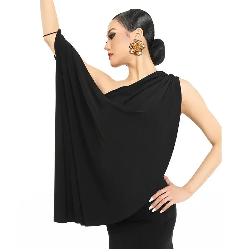 Irregular Ballroom Dance Tops Women Waltz Dance Performance Clothes Black Slant Shoulder Tops Adult Latin Dance Costume DNV21839