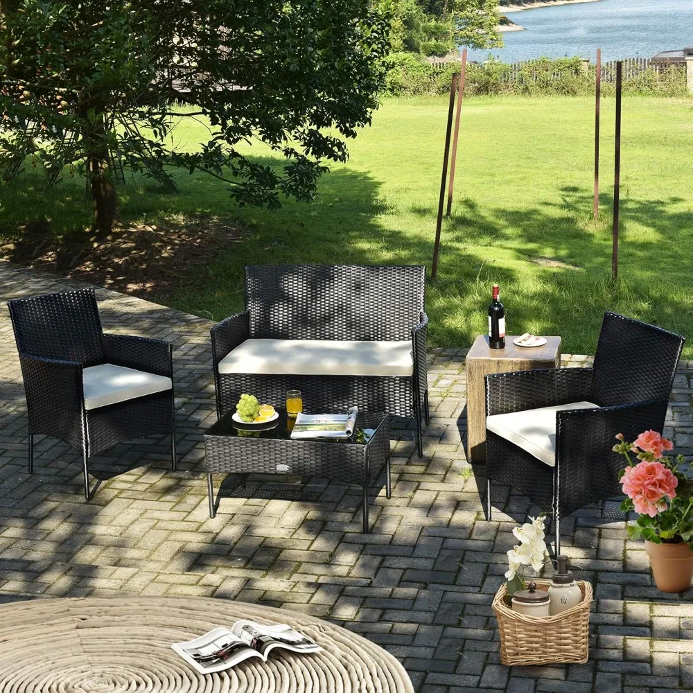 

4-piece rattan sofa furniture set, outdoor garden terrace cushioned seats, willow branches and tempered glass coffee table