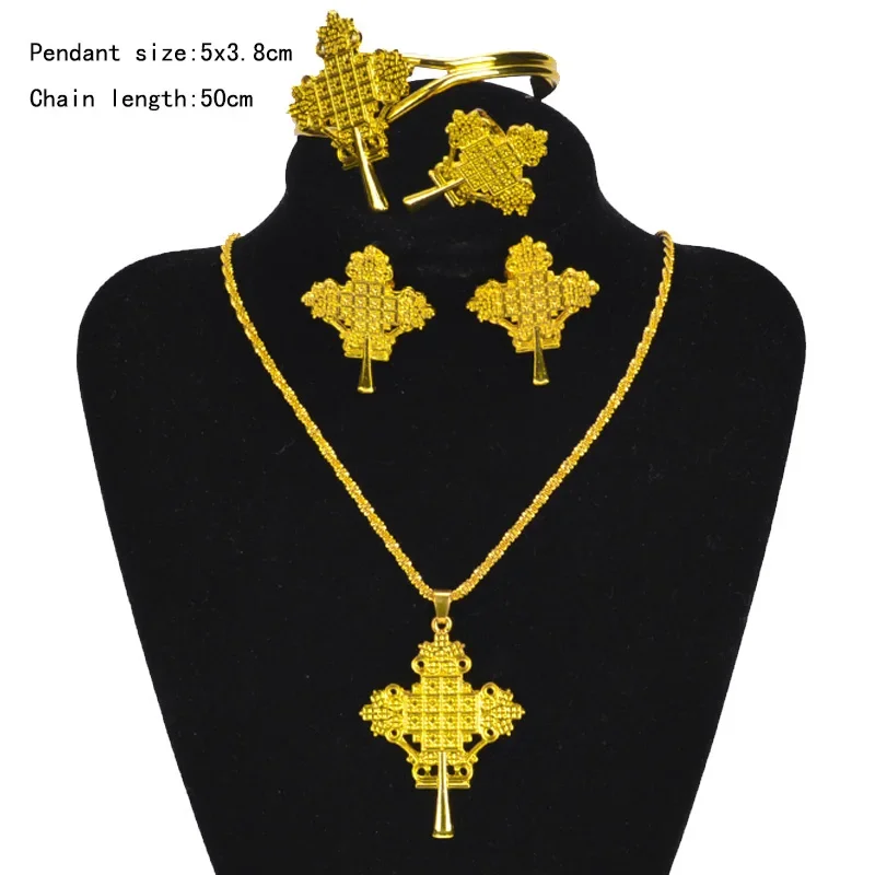 Shamty Tribal 4Pc Jewelry Set Leaf Design Necklace Earrings Bangle Ring Afrocentric Bridal Wedding Gift Pure Gold Color