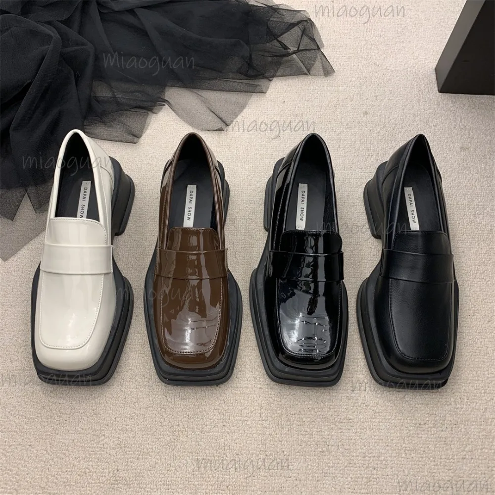 British Style Thick Bottom Spring Autumn Square Head Retro Loafers Shoes Women Casual Slip on Platform Moccasins Ladies Pumps
