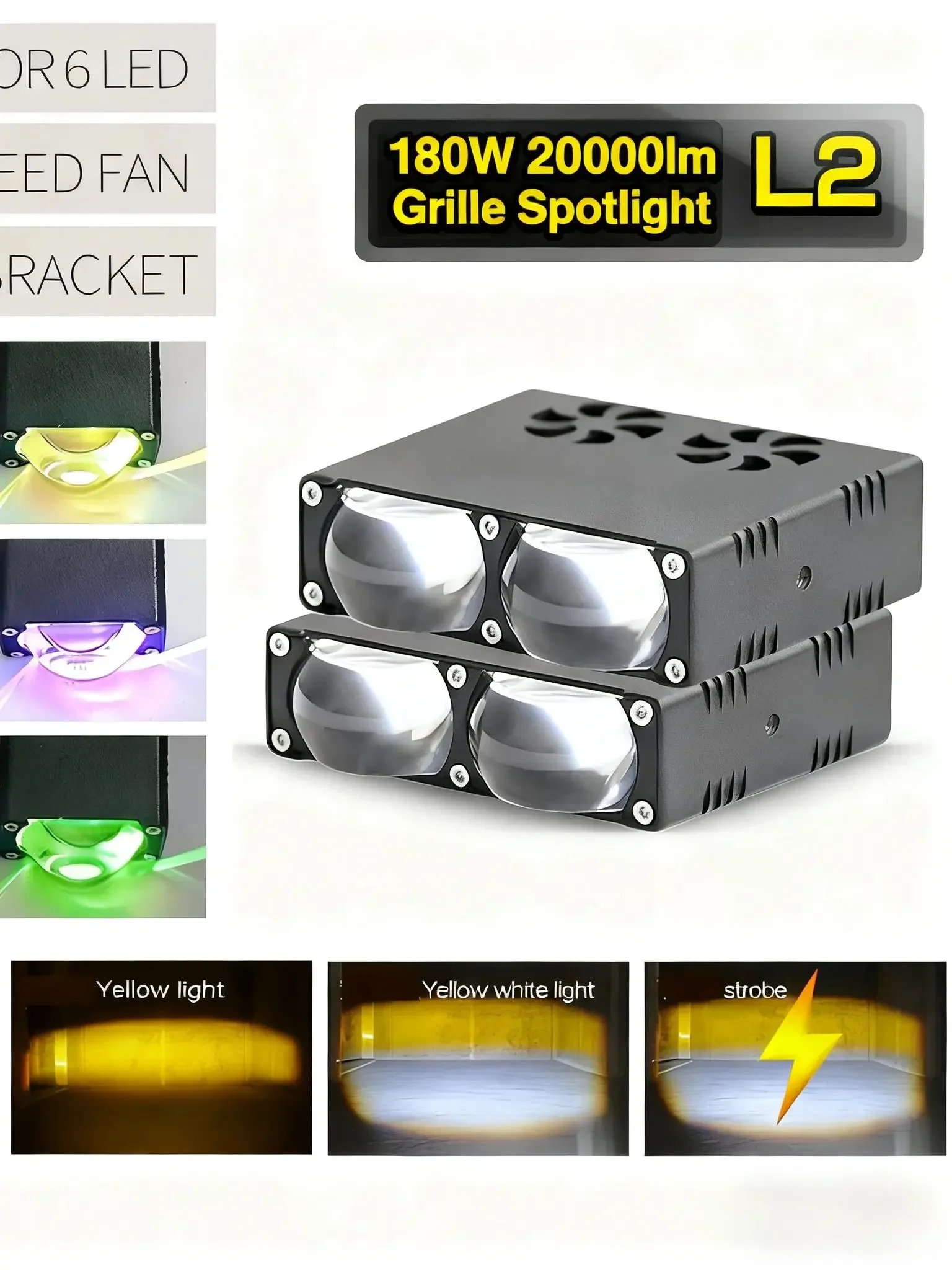 

80W Мини-светодиодный прожектор для гриля, скрытый многофункциональный RGB с функцией стробоскопа, двухцветный (желтый/белый) точечный/рассеянный свет для бездорожья