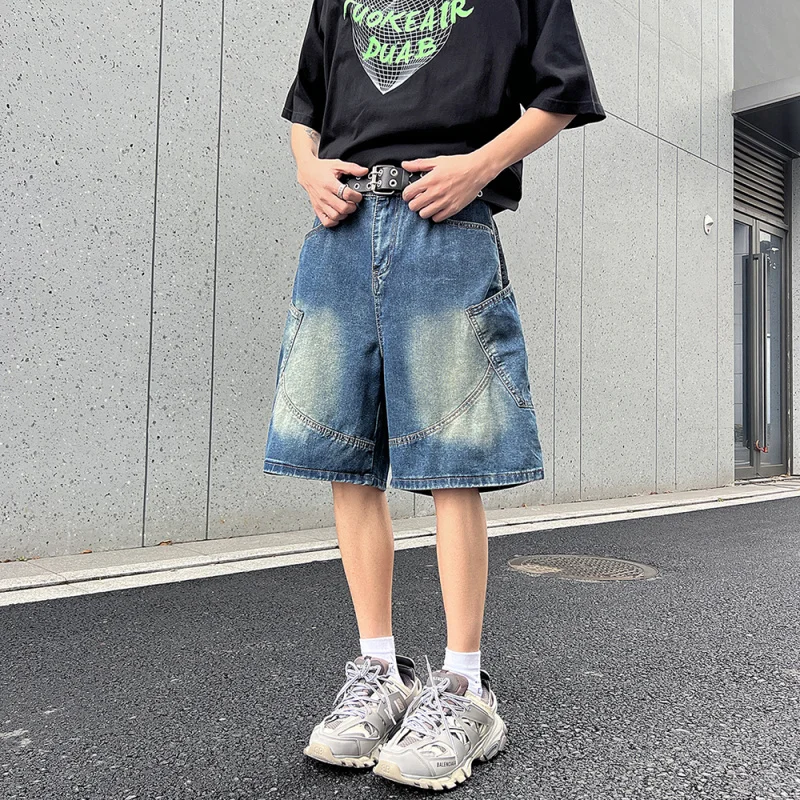 ผู้ชายหลวม Fit ขาตรงกางเกงยีนส์กางเกงขาสั้น High Street เอวยางยืด Retro ล้างสบายๆกลางความยาวสั้นกางเกง