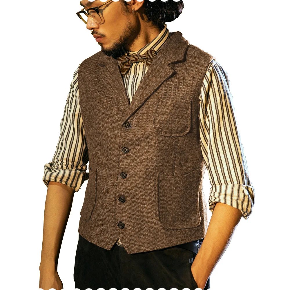 

Mens Vest Slim Fit Herringbone Fabric Waistcoat Elegant Tweed Vest for Wedding Groomsmen