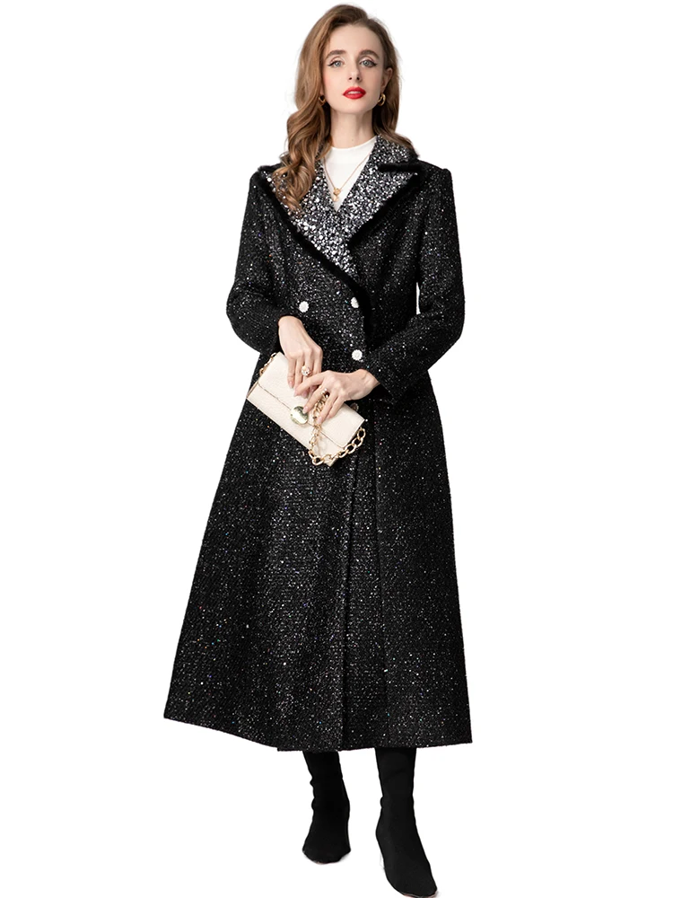 DLDENGHAN Chaqueta de tweed con doble botonadura de cristal para mujer, ropa de abrigo de calle de manga larga con cuello vuelto y lentejuelas de plumas