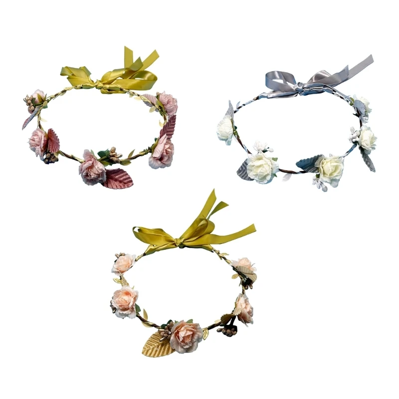 Women Elegant Rose Flower Headband with Adjustable Ribbon Wreath Crown Floral Wedding Hair Garland for Activities Party