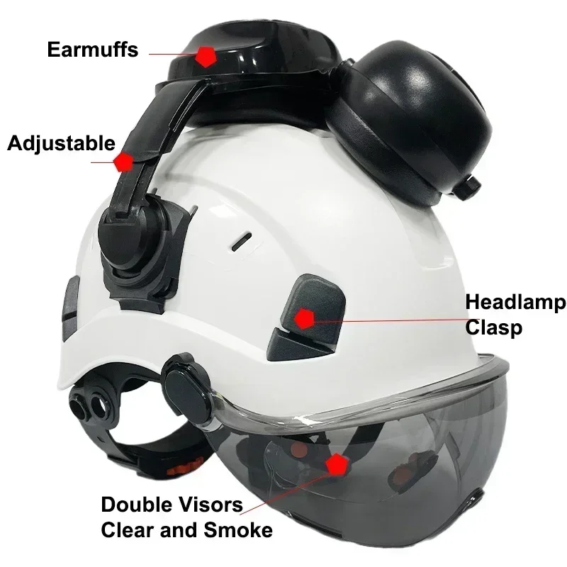 CE Construction Safety Helmet With Visor Built In Goggle Earmuffs For Engineer Hard Hat ANSI Industrial Work Cap