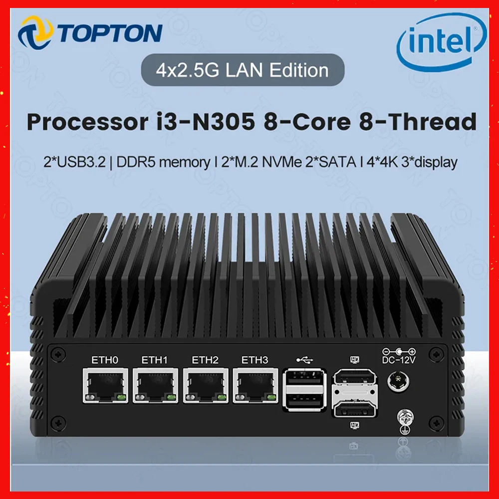 

Firewall Router Alder Lake Intel i3 N305 N100 4xi226-V 2.5G DDR5 Type-C 6*USB 2*HD 2*NVMe 2*SATA Fanless Mini PC pfSense Proxmox