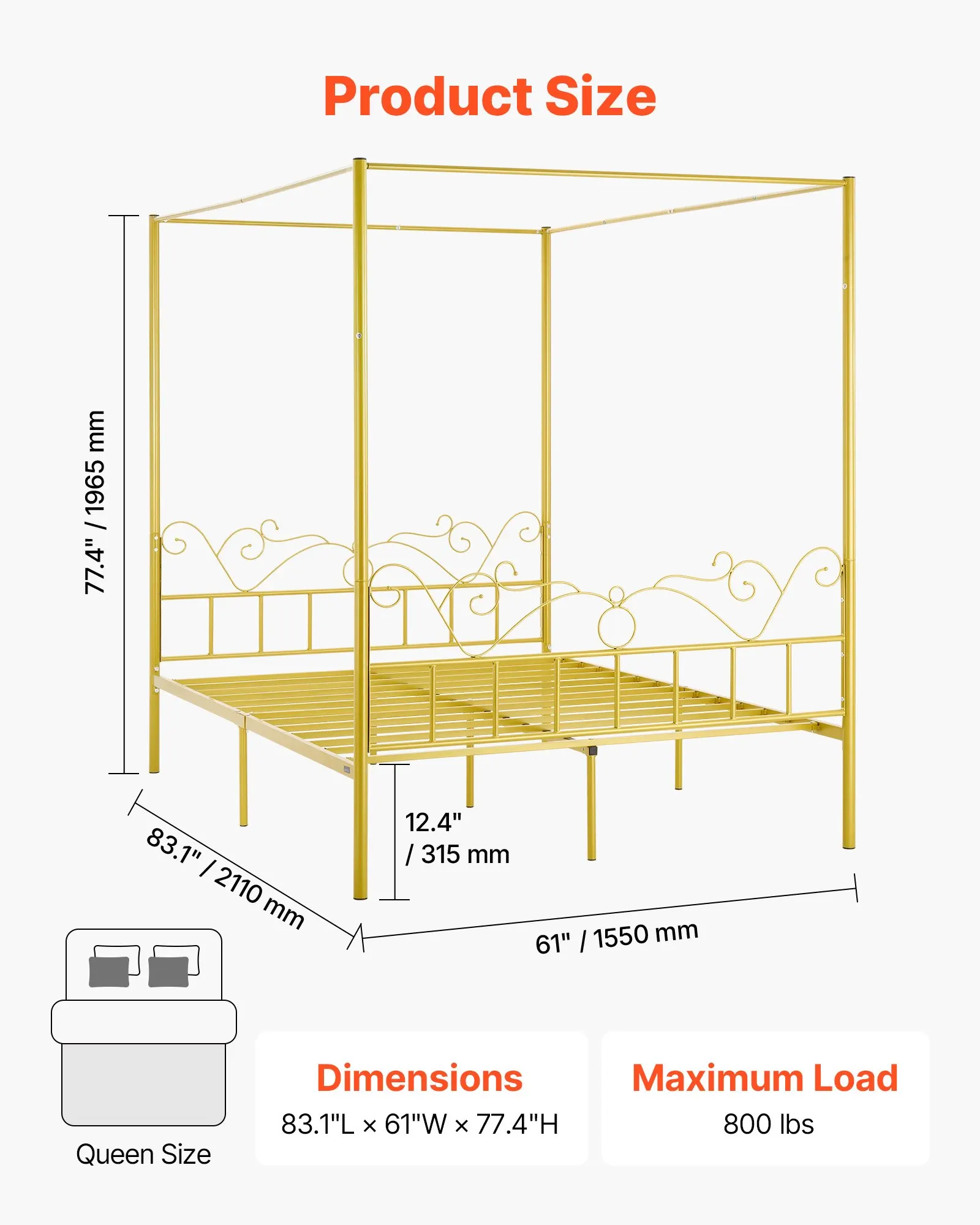 Cadre de lit en métal doré taille Queen avec design à baldaquin et tête de lit minimaliste, support à lattes robuste, rangement sous le lit, aucun sommier tapissier nécessaire, chambre à coucher, appartement, chambre d'amis, dortoir, studio
