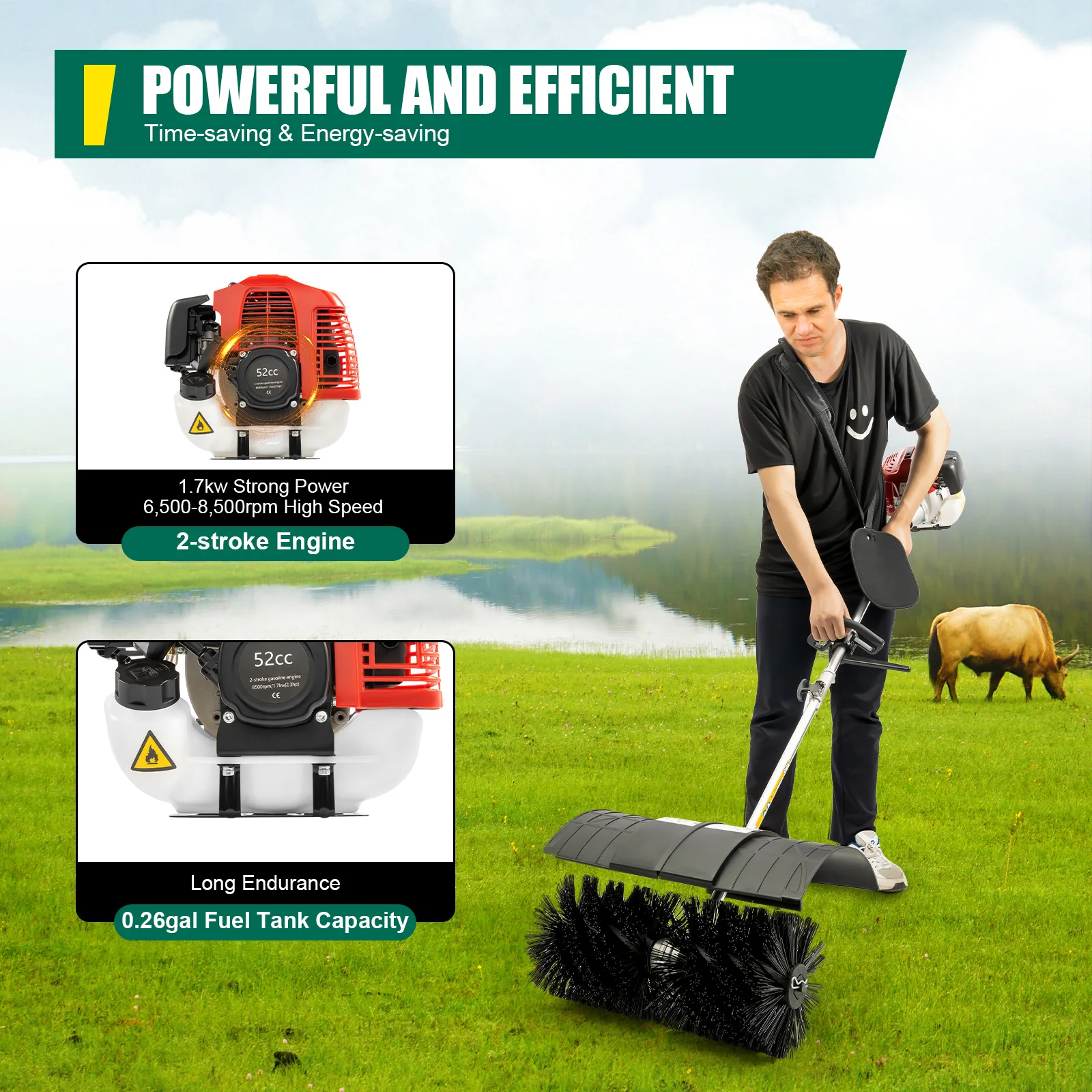 

52cc Gas Power Handheld Sweeper Broom Driveway Turf Artificial Grass Snow Clean