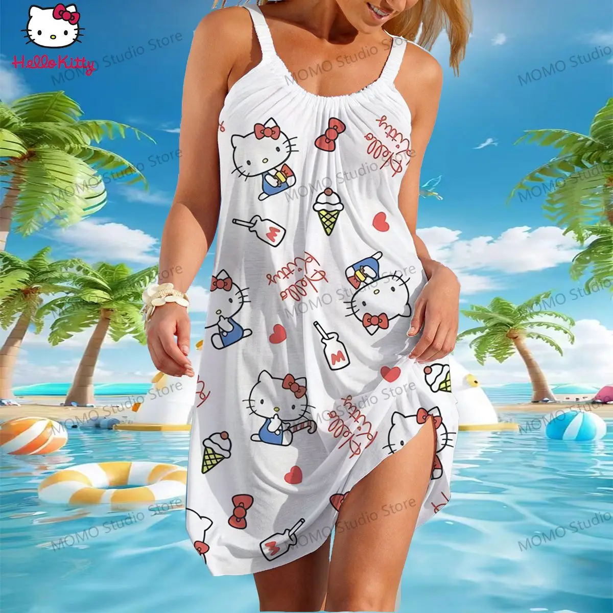 ชุดเดรสเดินชายหาดสำหรับผู้หญิง Hello Kitty, Y2k S-3XL สายเดี่ยวน่ารักแนวโบฮีเมียนฤดูร้อน2024ใหม่หรูหราสำหรับวัยรุ่นลำลองเซ็กซี่