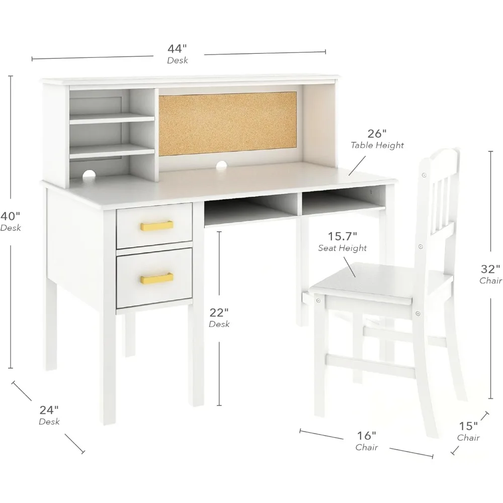 Conjunto de mesa e cadeira Kids Taiga com gaiola - branco: estação de trabalho infantil de madeira com gavetas de armazenamento