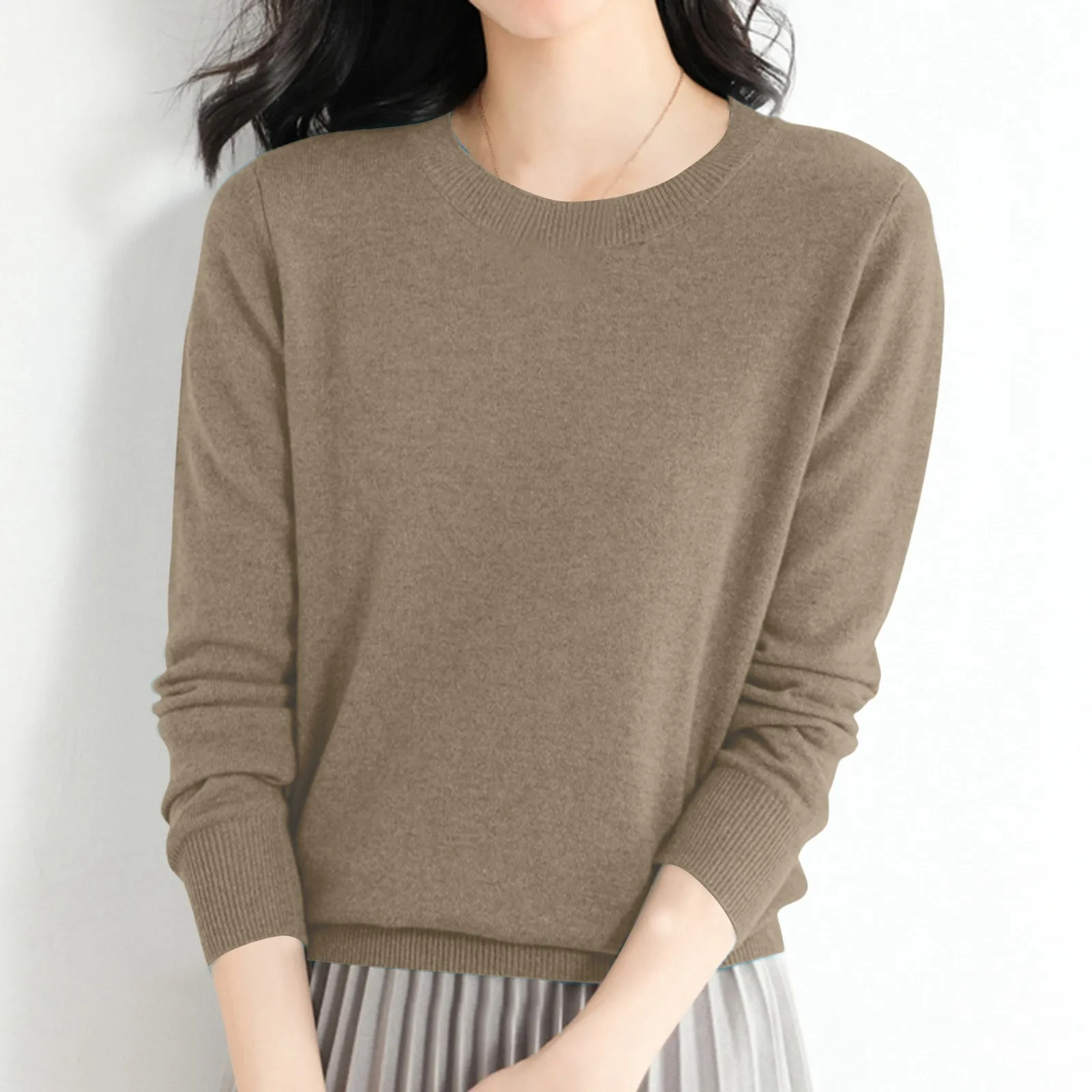 Women's Solid Colour Pullover Sweater Women's Casual Low Neck Round Neck Sweater Knitwear Winter Loose Bottom Pullover Sweater