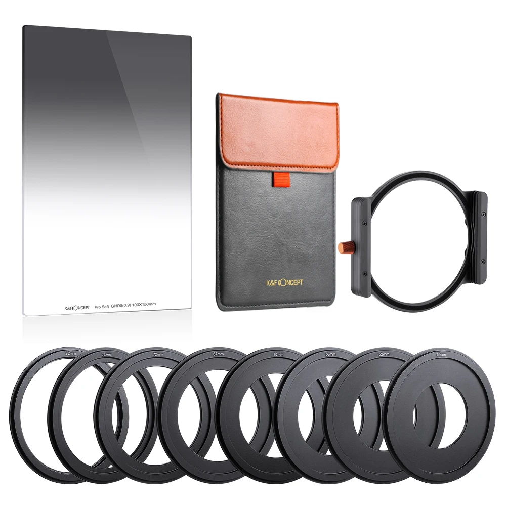 K&F Concept GND8 Square Filter 100*150mm Multi-Coated Neutral Density Filter with One Filter Holder 8pcs Filter Ring adapters