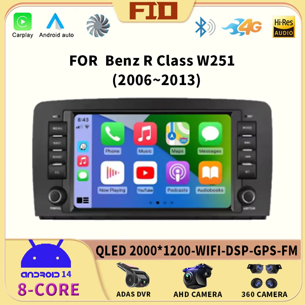 Android 14 Wireless Auto Carplay For Mercedes Benz R Class W251 R280 R300 R320 R350 R63 2006 - 2013 Car Radio Video Player QLED