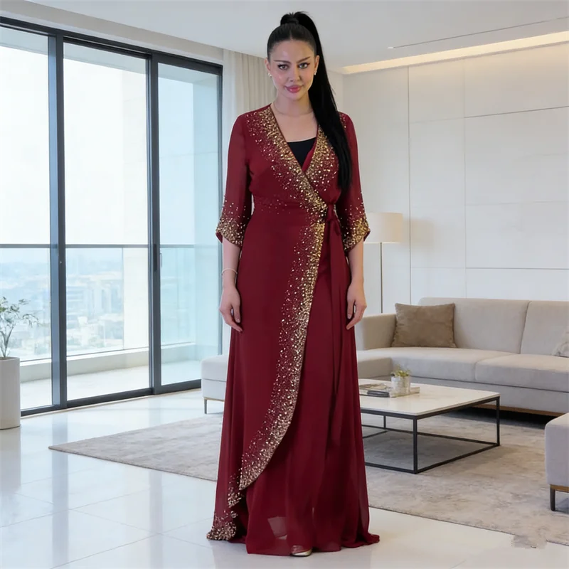 

Eid Ramadan Muslim Sets for Women Diamonds Kimono Dress Dubai Abaya Turkey Kaftan Robe Islam Jalabiya Femme Musulmane Ensembles