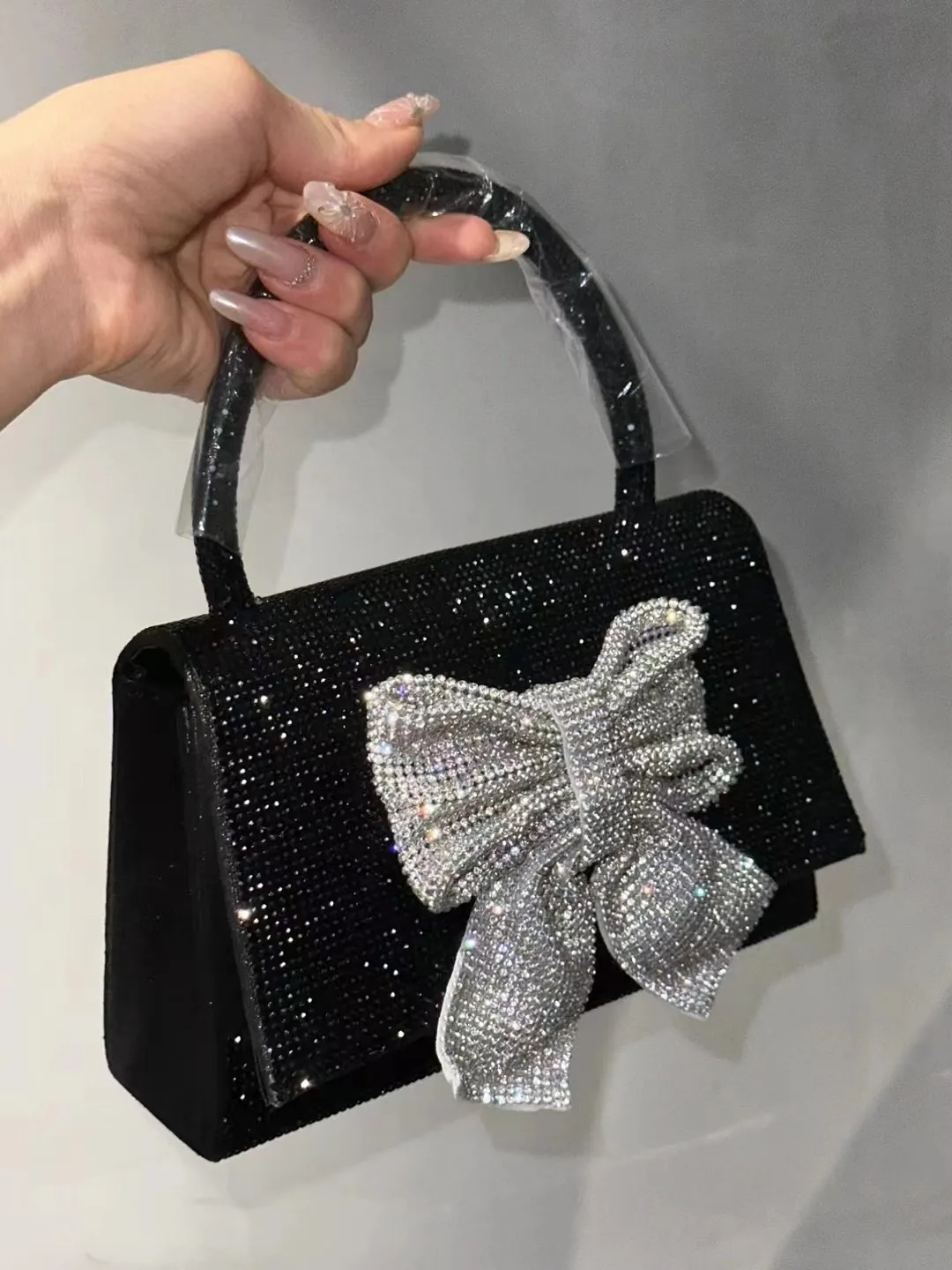 Borsa quadrata di lusso con nodo a fiocco Borsa da sera con diamanti con strass lucidi glitterati Borsa da donna Borsa a tracolla con pochette per